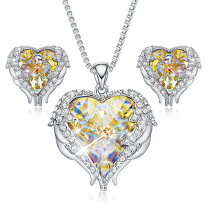 Swarovski Crystal Heart Angel Wings Necklace and Earrings Set